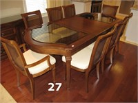9 PCE. Dining Table & Chair Set/ Glass & Walnut