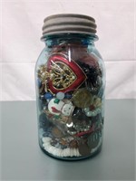 Vintage Ball Jar w/Buttons,Jewelry and Coins