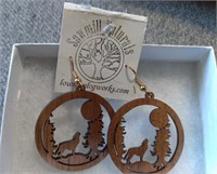 Laser Cut Wooden Wolf Earrings Gold Finish over Su