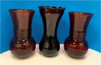 3 Flash Ruby Glass Vases