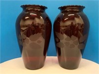 2 Ruby Glass Etched Vases