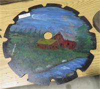 handpainted 12" sawblade creekside barn scene