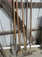 2 garden rakes, spade, round point shovel