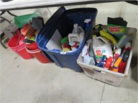 2 totes & 2 buckets cleaning supplies,sponges etc