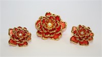 JOAN RIVERS Red Floral Brooch and Earrings