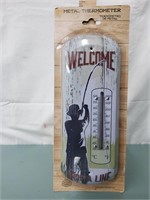 Sm Welcome Man Fishing Metal Thermometer