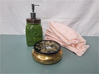 Hand Towels, Brass Powder Jar& Soap Dispenser New