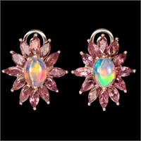 Natural White Opal Rainbow & Tourmaline Earrings