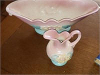 2 Pc Pink/ Green Hull Art Vase & Pitcher