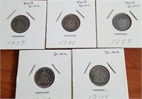 Collection of 3 Half Dimes & 2 Seated Dimes