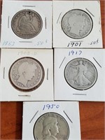 Collection of (5) Half Dollars 1853 etc.