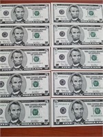 (10) Consecutive $5.00 Federal Reserve Notes UNC