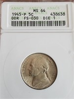 1945 MS64 ANACS Die 1 Jefferson War Nickel