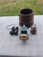 Vintage Binoculars, Flashlight, Oiler & Bucket
