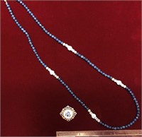 blue, white & silver Delfe look necklace & broach