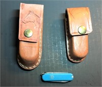 Victorinox blue hande knife & 2 leather sheaths