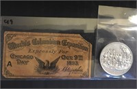 ticket to Worlds Columbian Exposition 1893w/coin