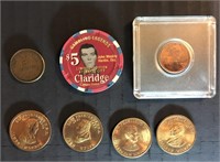4 President coins, 1980 penny, $5poker chip, 5 cen