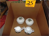 Bone China Creamer, Sugar Bowl, and Trinket Boxes