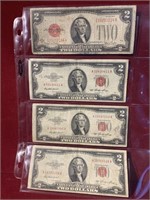 SHEET OF 4 RED SEAL $2 BILLS MIX CONDITION
