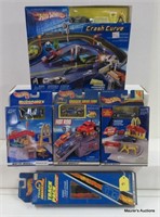 4 Small Hot Wheels Playsets, 3 Boxes of Track