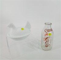 Crescent Dairy glass container, Milk glass Hen can