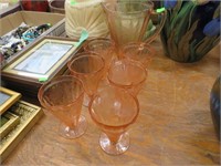 Pink depression glass pitcher & 6 glasses