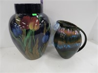 Blue Mountain pitcher & lg vase, cracked
