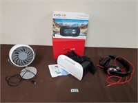 VR head set, head phones, USB powered fan