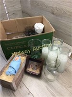 BOX WITH CANDLES/ VASES/ AND MISC GLASSWARE