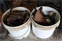 2 PAILS OF HORSE SHOES AND ASSORTED METAL
