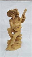 WOODEN CARVED MAN AND MANDOLIN STATUE