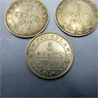 3x 5 CENT SILVER NEWFOUNDLAND COINS