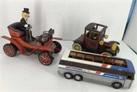 (3) Toy vehicles w/ (2) tin battery op jalopy's