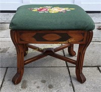 GREEN FLORAL NEEDLEPOINT FOOTSTOOL