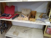 Shelf Lot of Tools and Wooden Brushes
