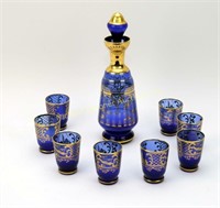 VENETIAN COBALT AND GOLD DECANTER & 8 GLASS SET