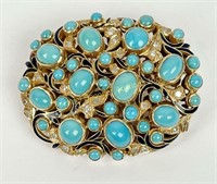 14K YELLOW GOLD TURQUOISE AND DIAMOND BROOCH