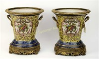 PAIR ORIENTAL PORCELAIN AND BRASS PLANTERS