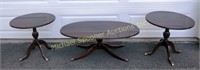 OVAL MAHOGANY COFFEE TABLE & TWO ROUND SIDE TABLES