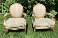 PAIR LOUIS XVI STYLE GILDED CAMEO BACK ARMCHAIRS