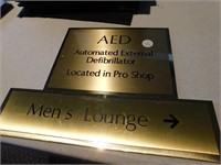 2 BRASS PLAQUES MENS LOUNGE, AED  DEFIBRILLATOR