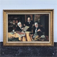 Framed Oil Painting of Learned Men in Library