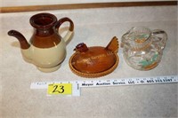 Nesting Hen, Stoneware Tea Pot & OJ Pitcher