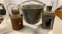 Primitive candle holder, old milk bucket and