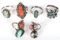 SOUTHWEST STERLING SILVER TURQUOISE RINGS - (6)