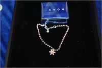 Avon Pink Rhinestone Anklet with Flower Drop