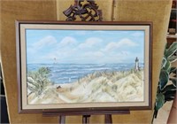 Framed Oil on Canvas "Ocean/Lighthouse" Painting