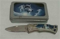 Wolf Motif Knife With Tin Case