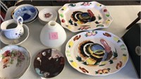 Turkey platters plates and  milk glass globe